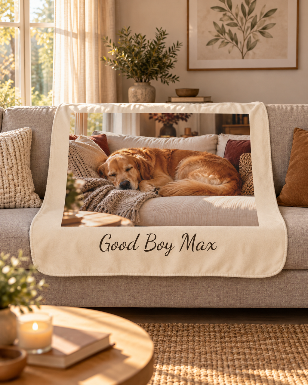 Custom photo blanket in cream with one photo and text, draped over a couch