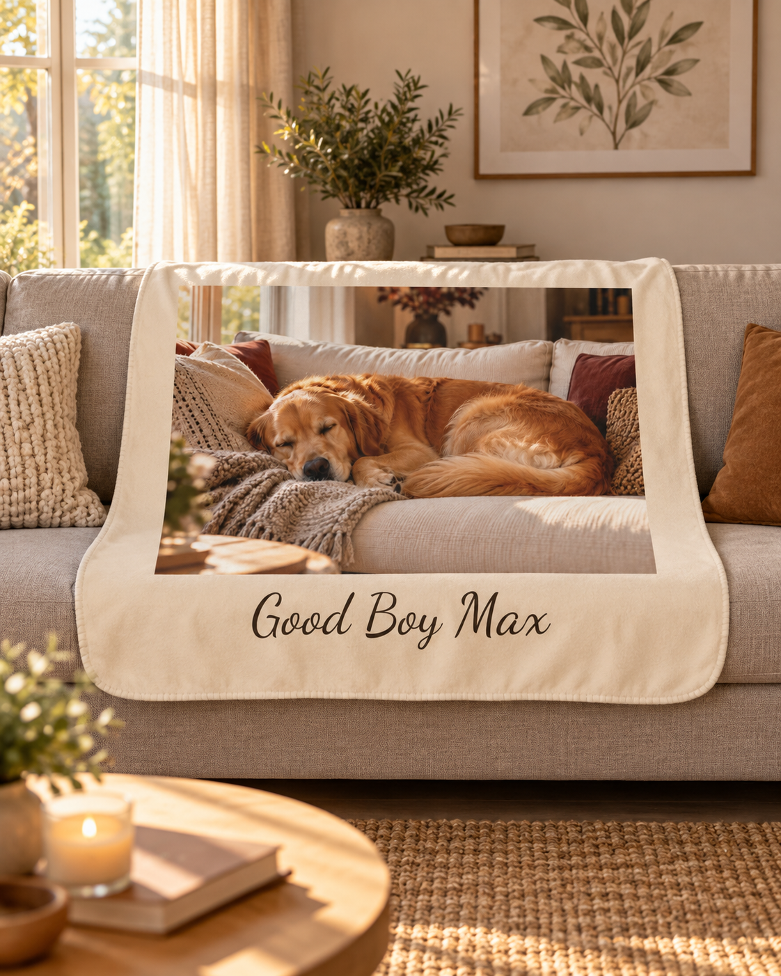 Custom photo blanket in cream with one photo and text, draped over a couch