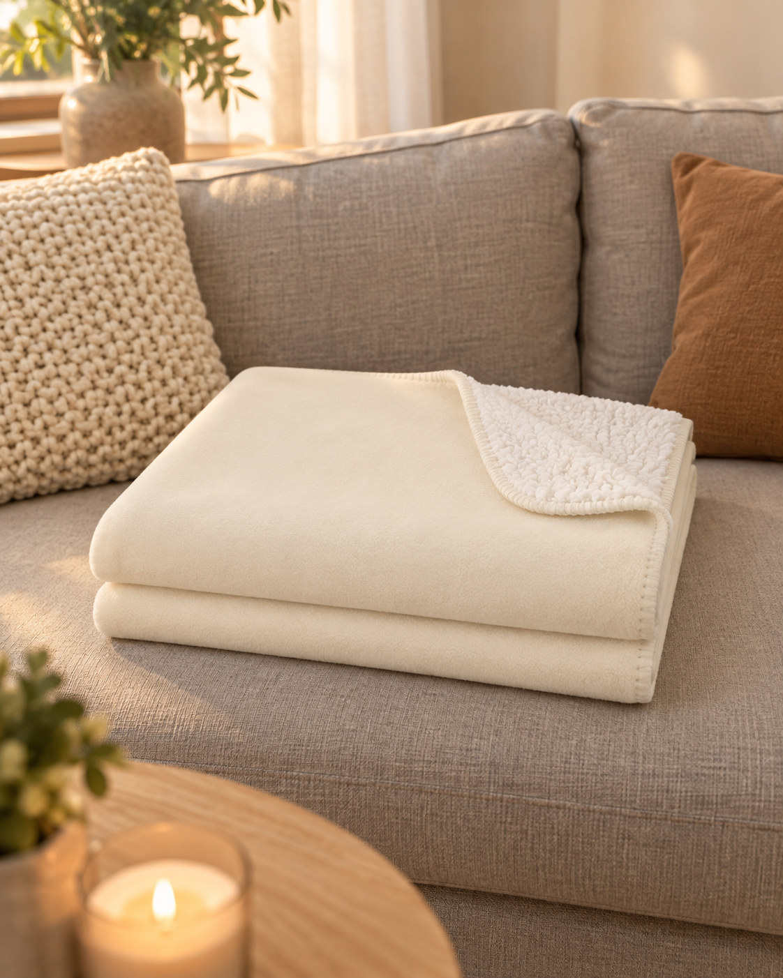 Custom photo blanket in cream with one photo and text, folded on a couch