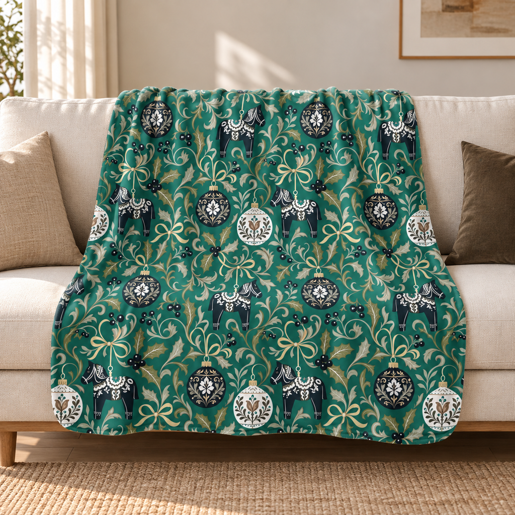 Dala Horse Christmas Sherpa Blanket draped over a cream sofa in a living room