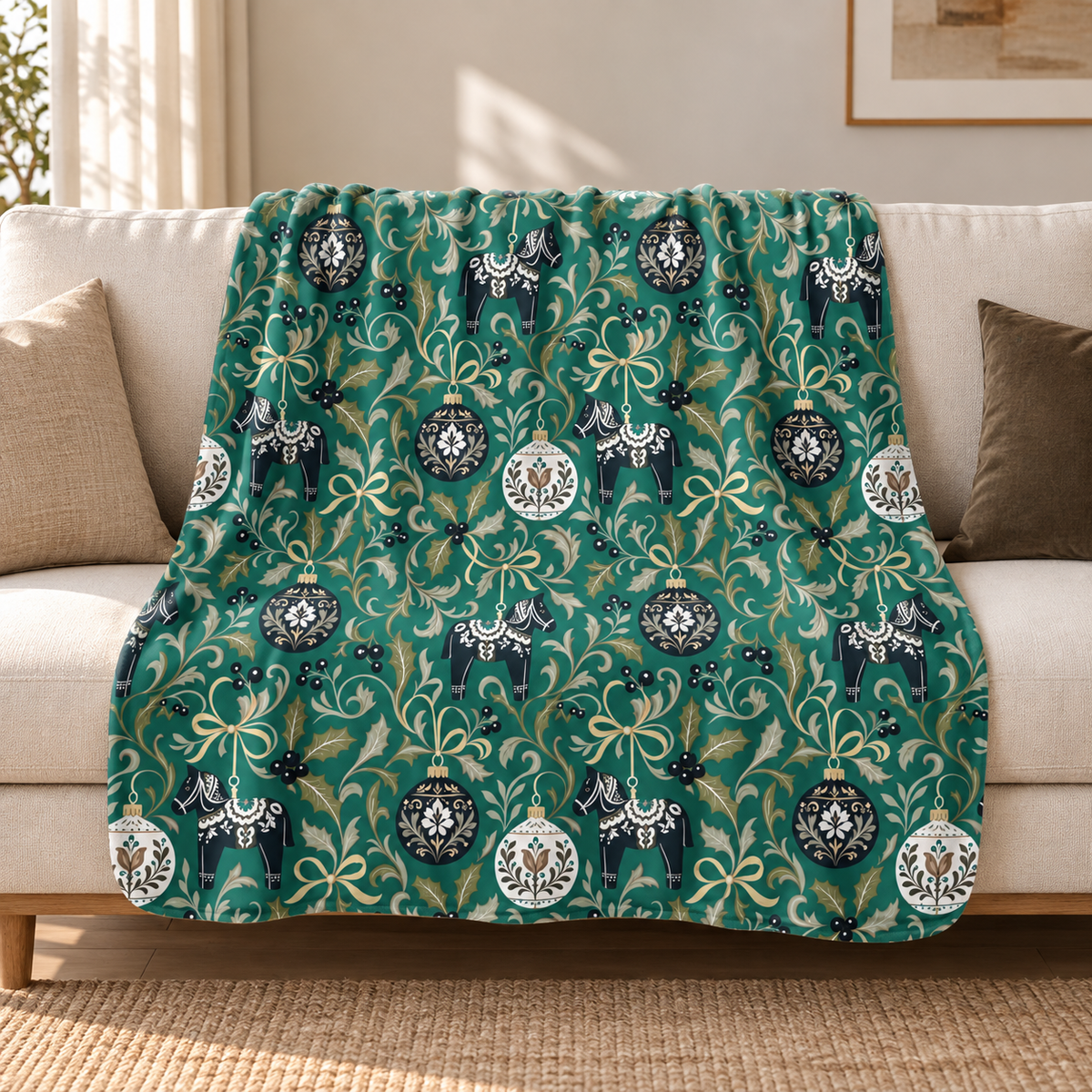 Dala Horse Christmas Sherpa Blanket draped over a cream sofa in a living room
