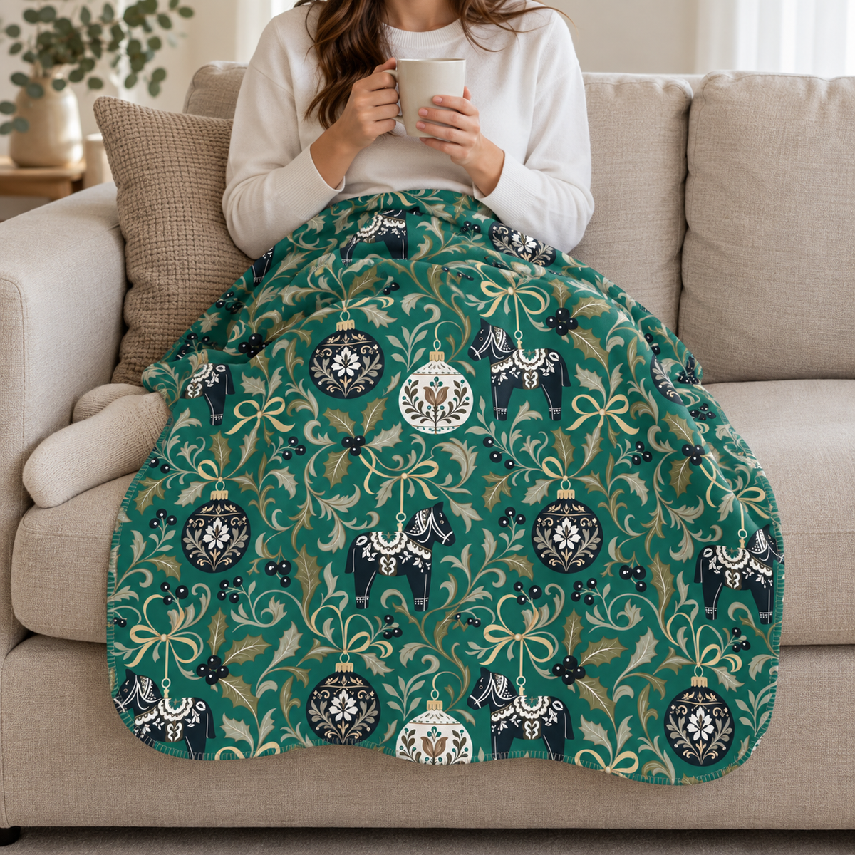 Person relaxing on a couch under the Dala Horse Christmas Sherpa Blanket