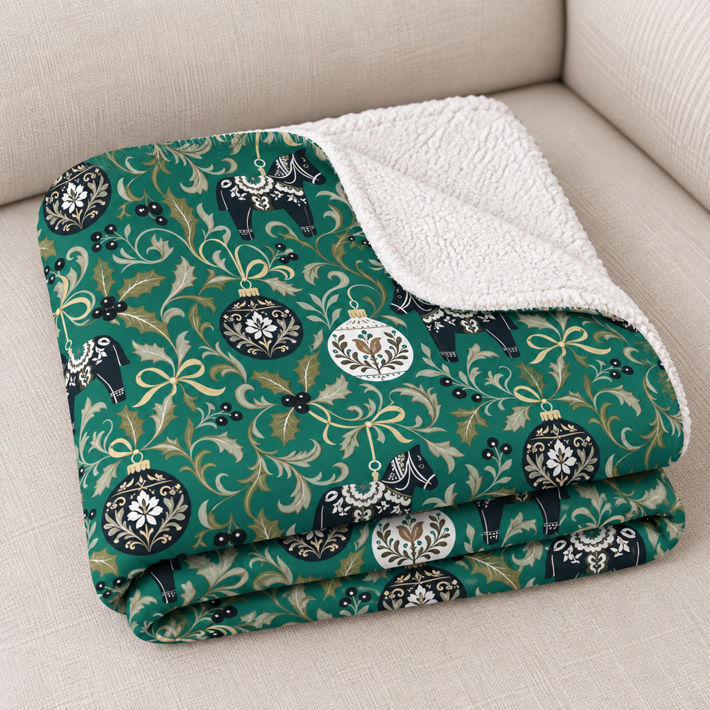 Close-up of the folded Dala Horse Christmas Sherpa Blanket showing the sherpa back