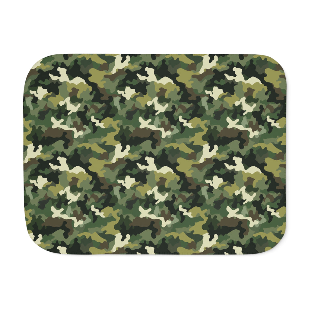Green camo sherpa blanket laid flat, front view of the camouflage print in olive, forest green and tan