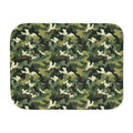 Green camo sherpa blanket laid flat, front view of the camouflage print in olive, forest green and tan