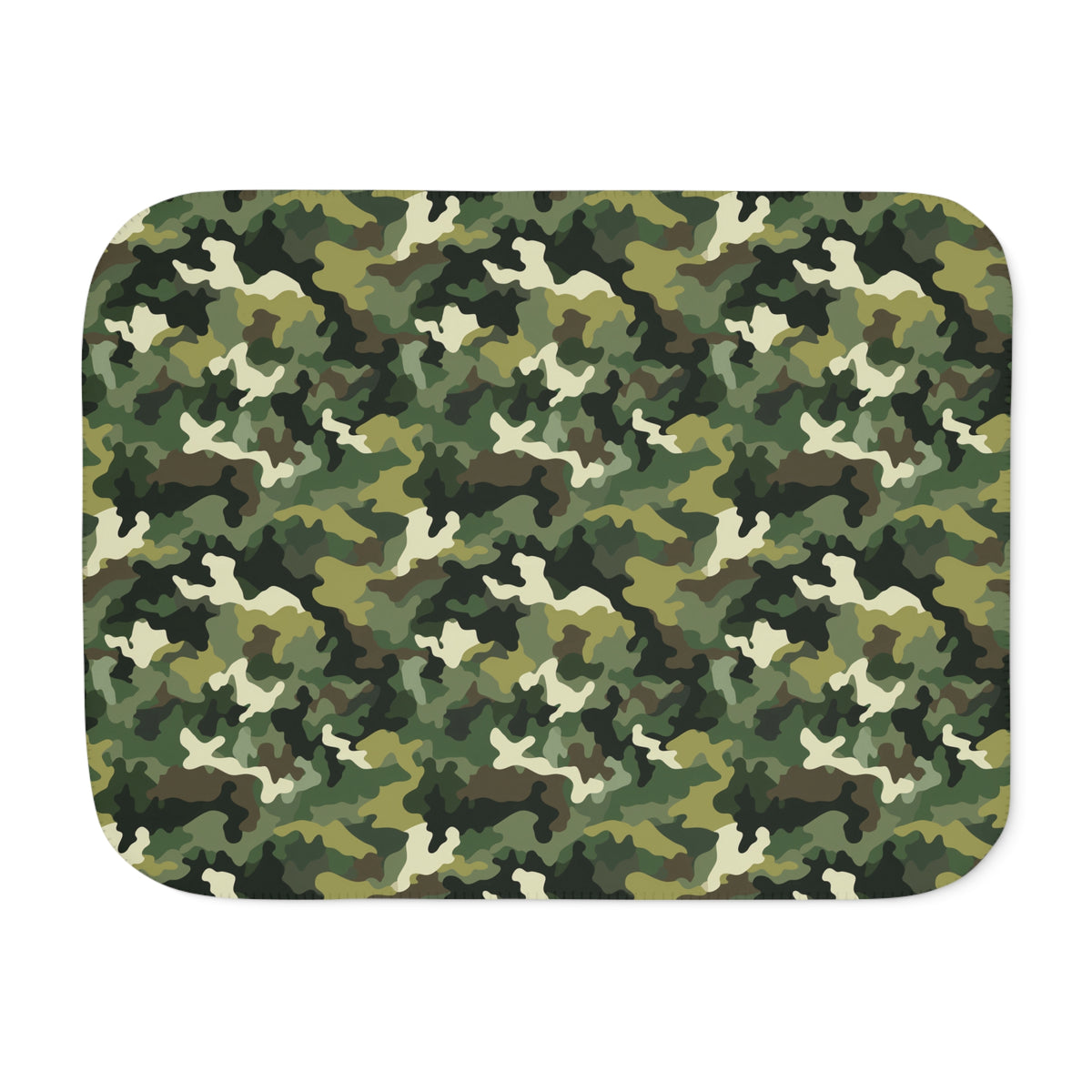 Green camo sherpa blanket laid flat, front view of the camouflage print in olive, forest green and tan
