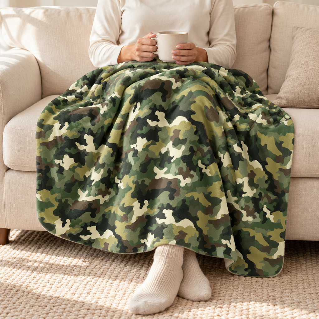 Person relaxing under a green camo sherpa blanket on the couch
