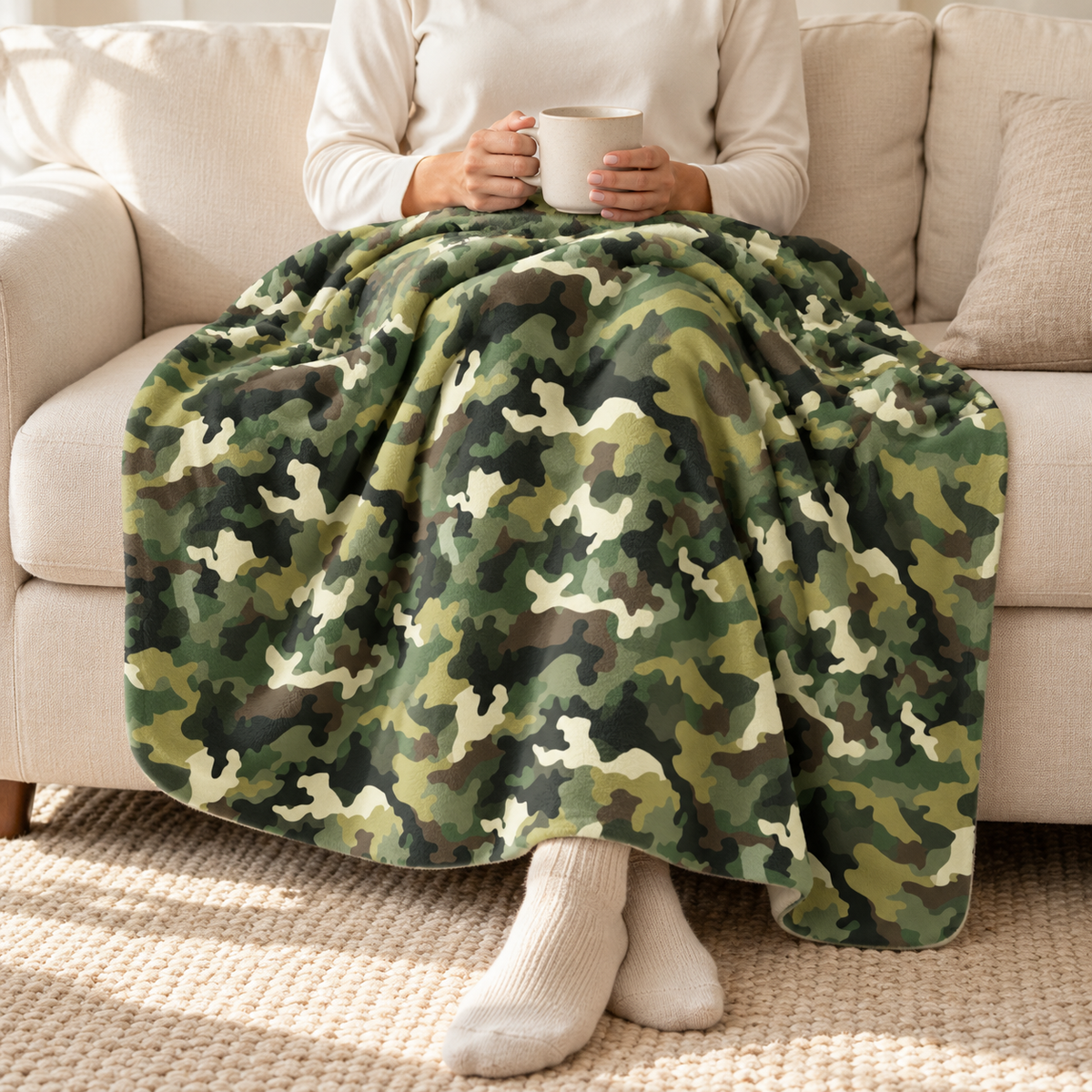 Person relaxing under a green camo sherpa blanket on the couch