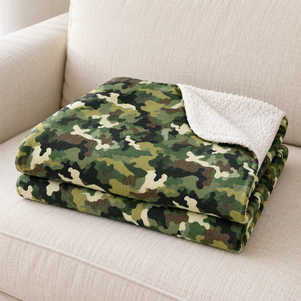 Close-up of the green camo sherpa blanket folded on a couch, showing the camouflage print and the white sherpa edge