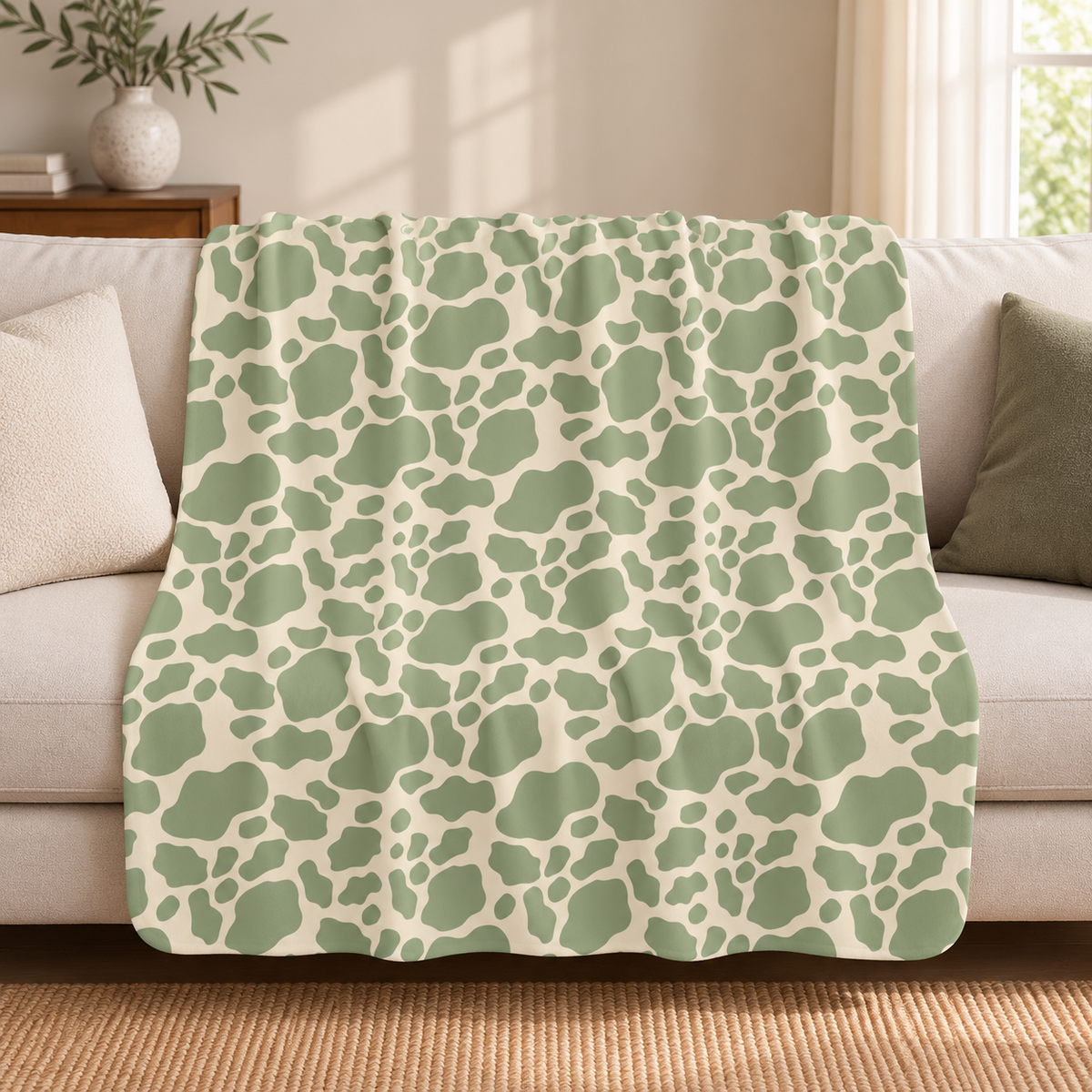 Green cow print sherpa blanket draped over a couch in a living room