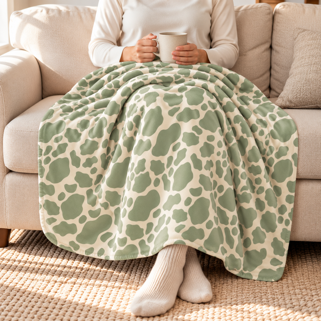 Person relaxing under a green cow print sherpa blanket