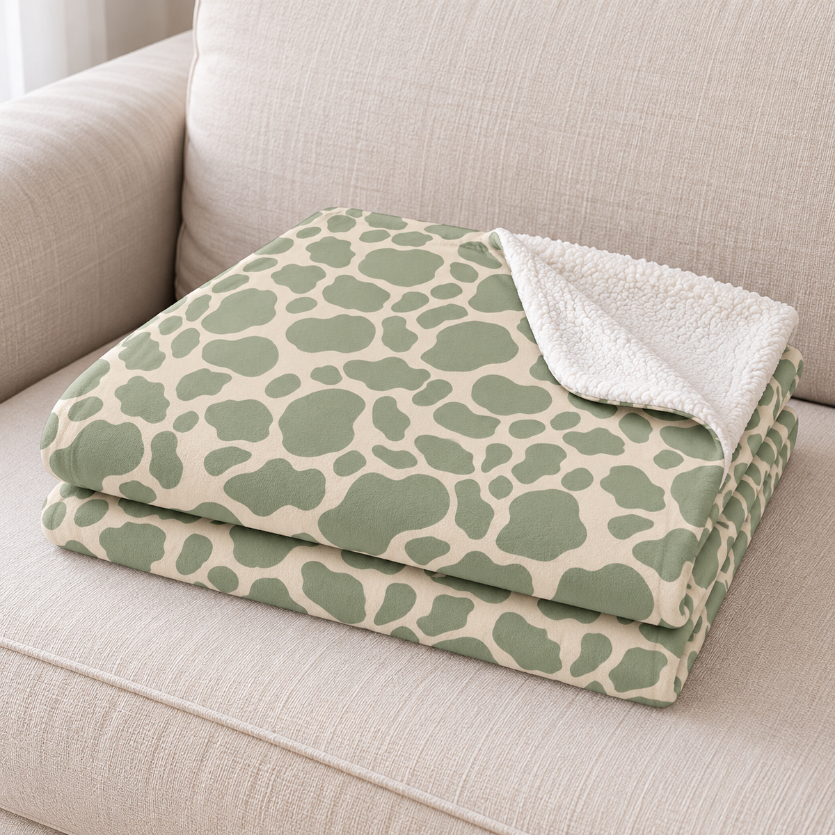 Close-up of the green cow print sherpa blanket folded on a couch, showing the cow print and the white sherpa edge