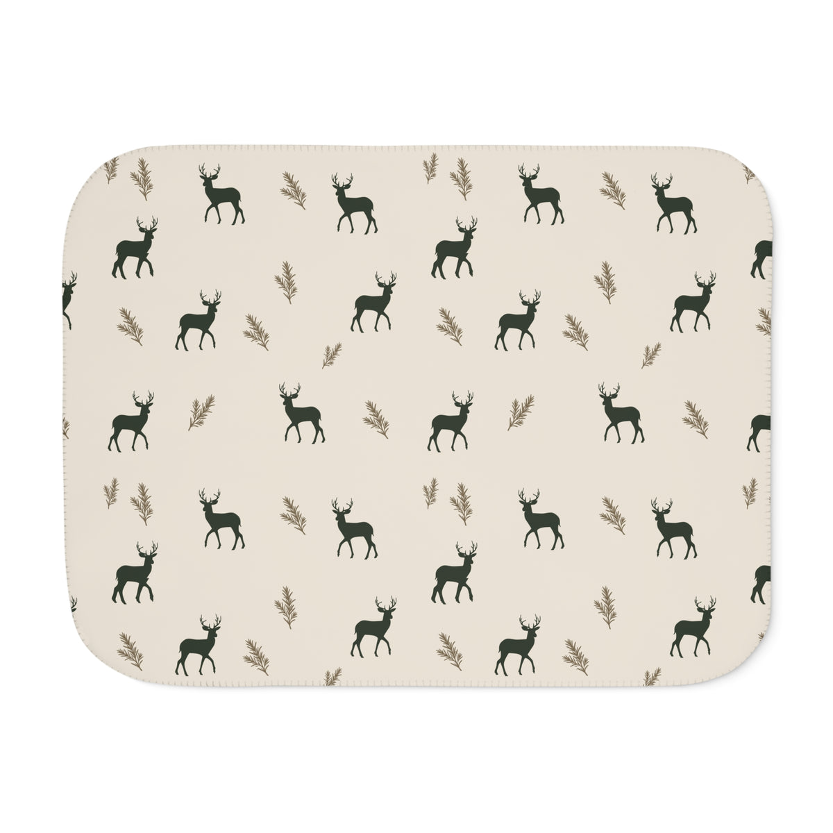Green deer print sherpa blanket laid flat, front view