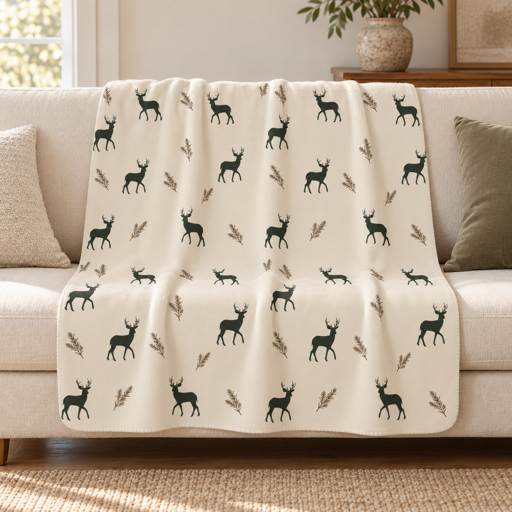 Green deer print sherpa blanket draped over a cream sofa in a living room