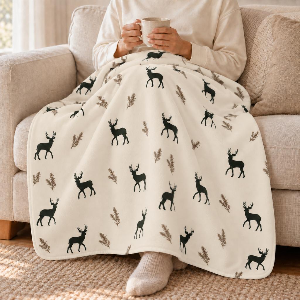 Person relaxing on a couch under the green deer print sherpa blanket
