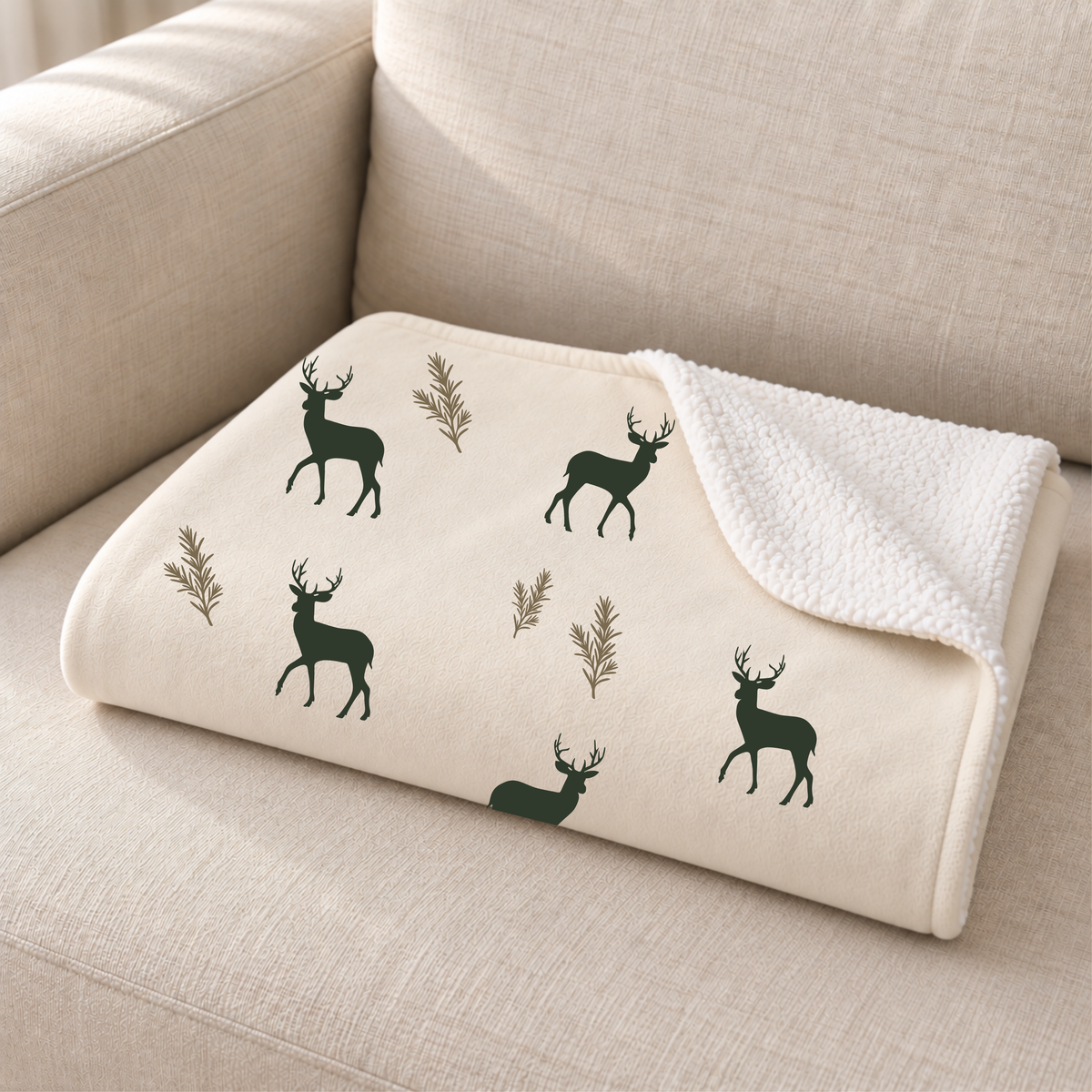 Close-up of the folded green deer print sherpa blanket showing the sherpa back