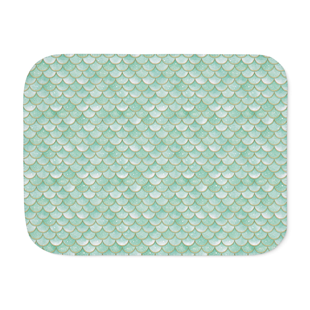 Green Mermaid Scale Sherpa Blanket laid flat, front view