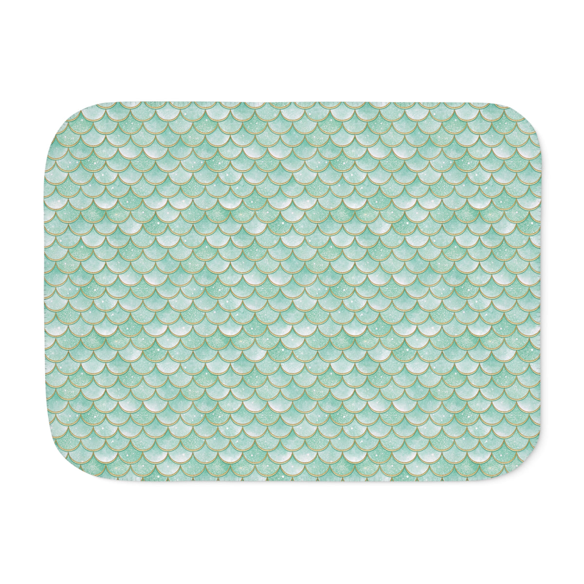 Green Mermaid Scale Sherpa Blanket laid flat, front view
