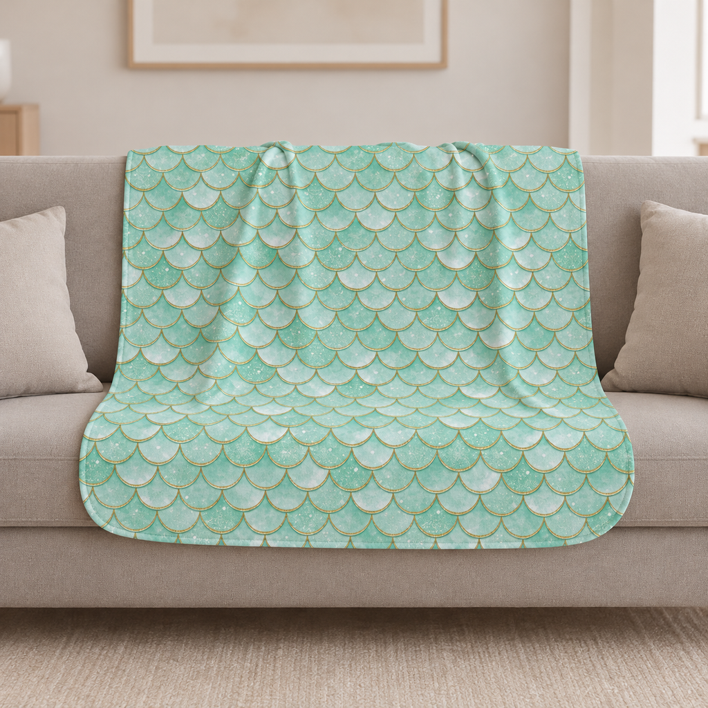 Green Mermaid Scale Sherpa Blanket draped over a cream sofa in a living room
