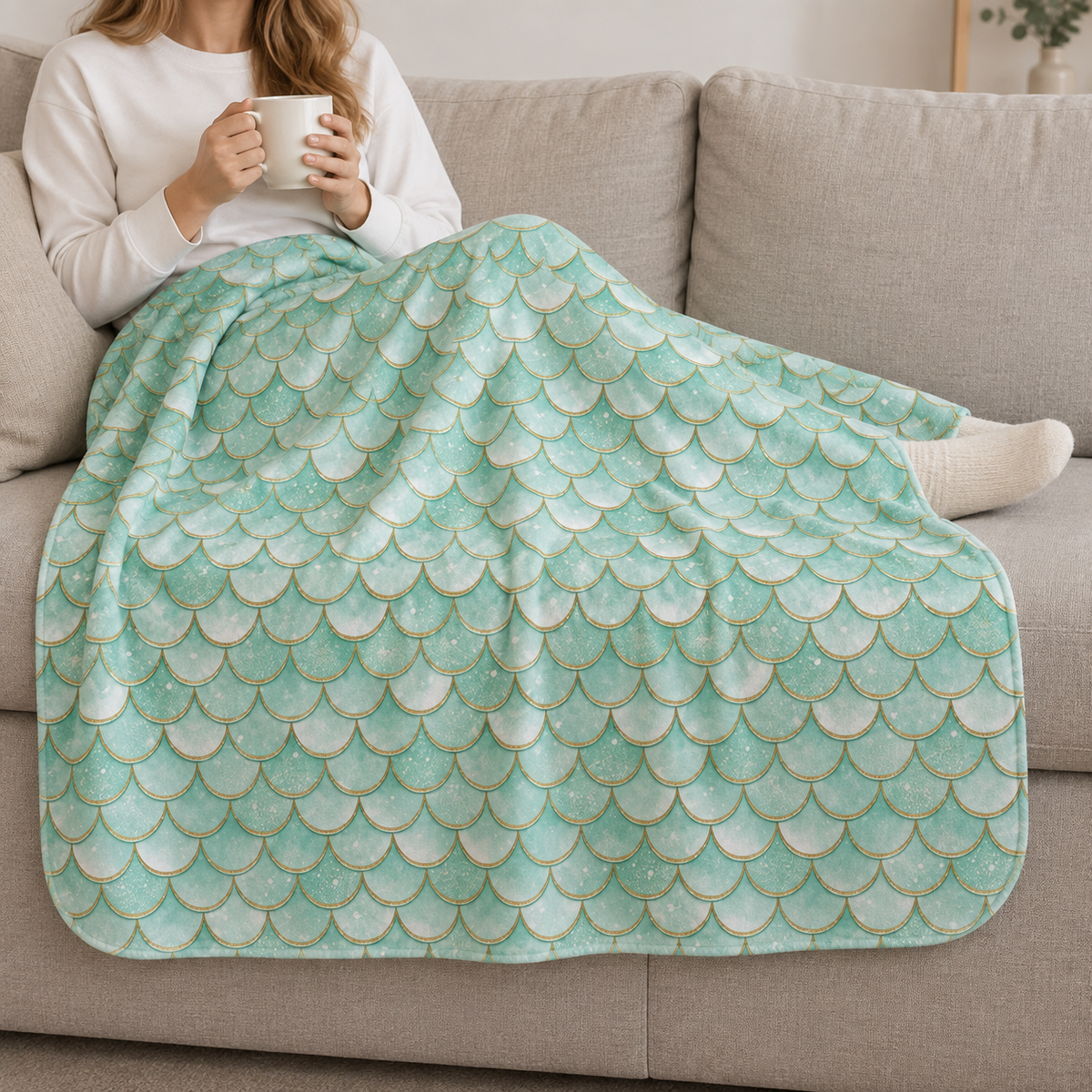Person relaxing on a couch under the Green Mermaid Scale Sherpa Blanket