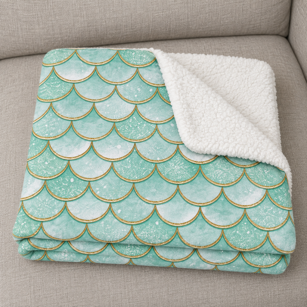 Close-up of the folded Green Mermaid Scale Sherpa Blanket showing the sherpa back