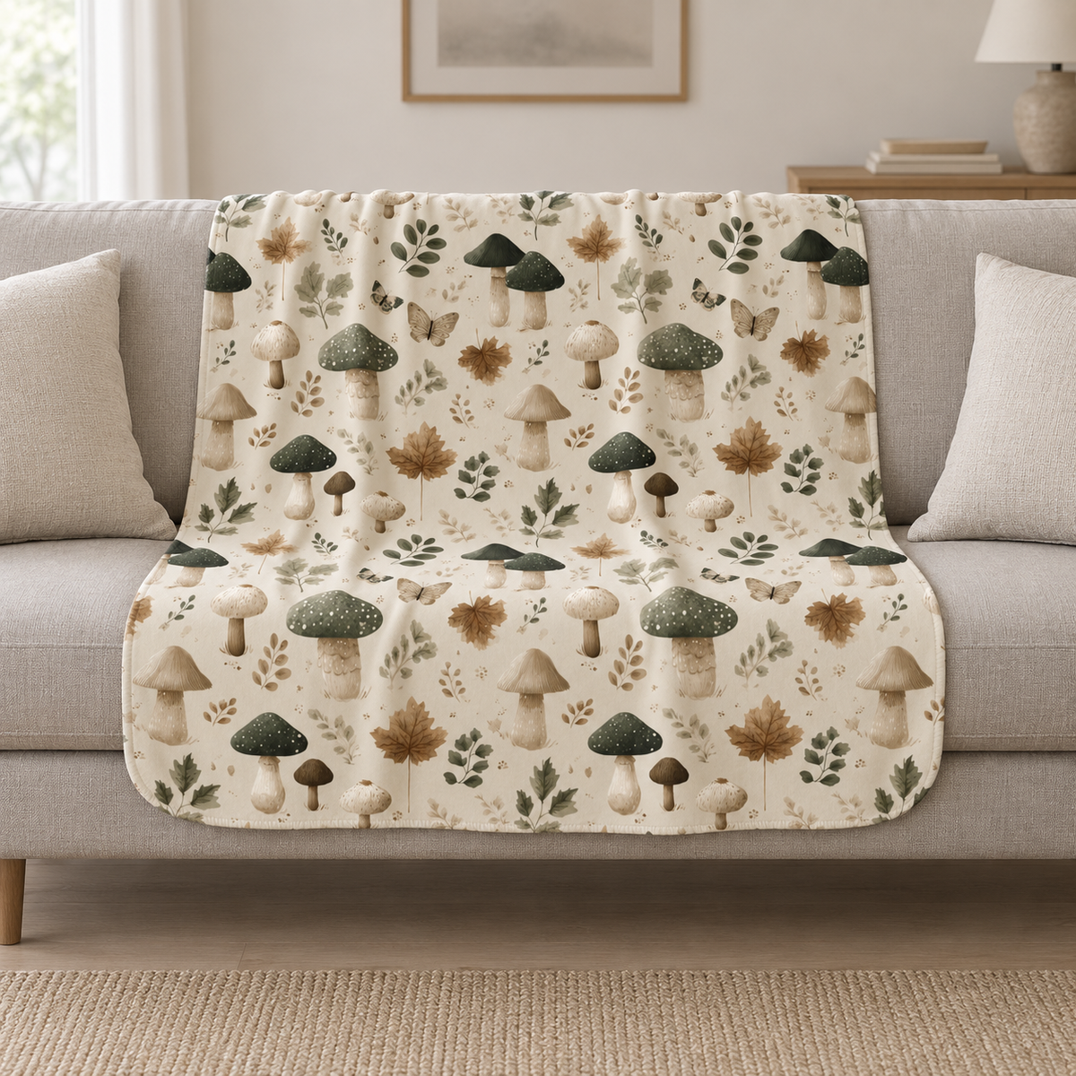 Green Mushroom Sherpa Blanket draped over a cream sofa in a living room