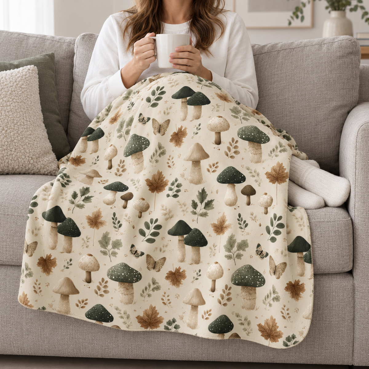 Person relaxing on a couch under the Green Mushroom Sherpa Blanket