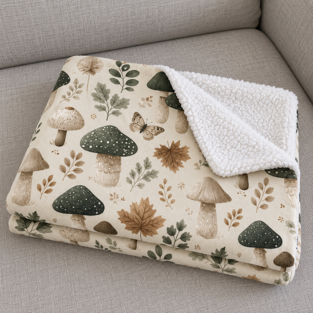 Close-up of the folded Green Mushroom Sherpa Blanket showing the sherpa back