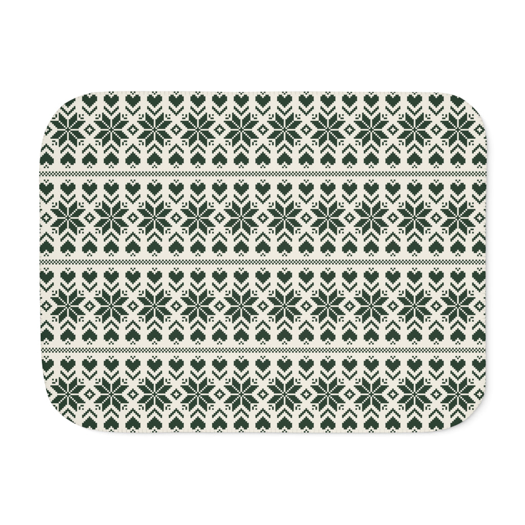 Green Nordic Star Christmas Sherpa Blanket laid flat, front view
