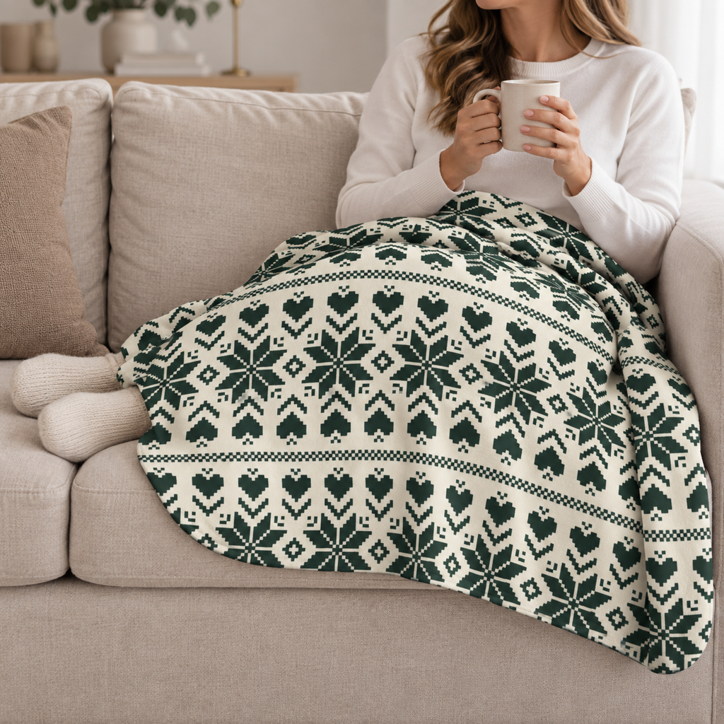 Person relaxing on a couch under the Green Nordic Star Christmas Sherpa Blanket
