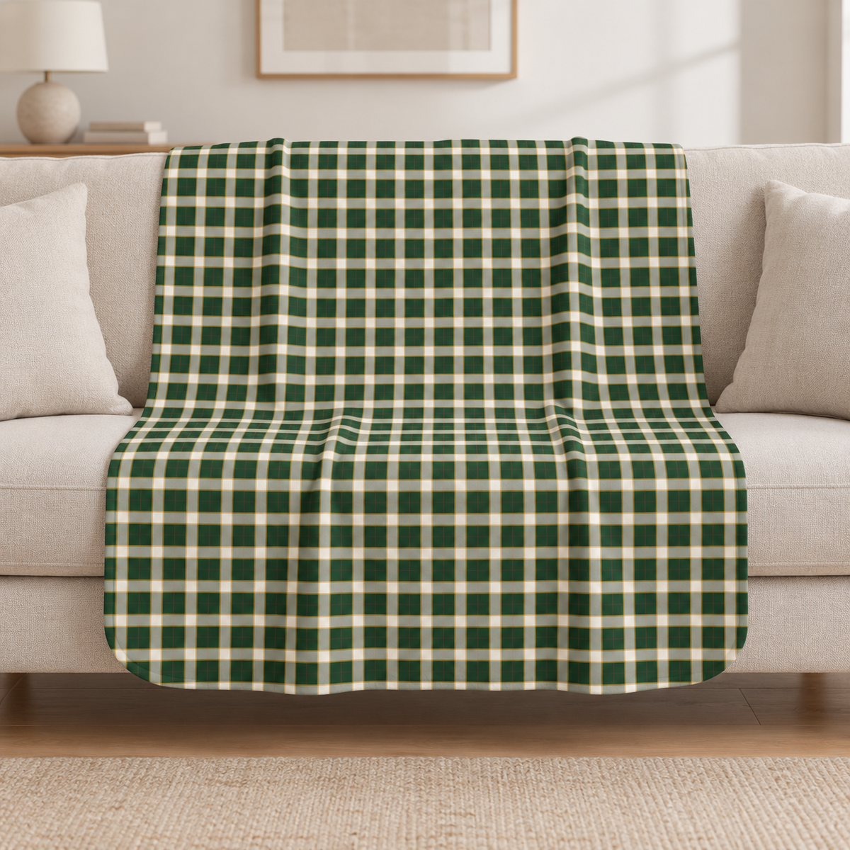 Green Plaid Sherpa Blanket draped over a cream sofa in a living room