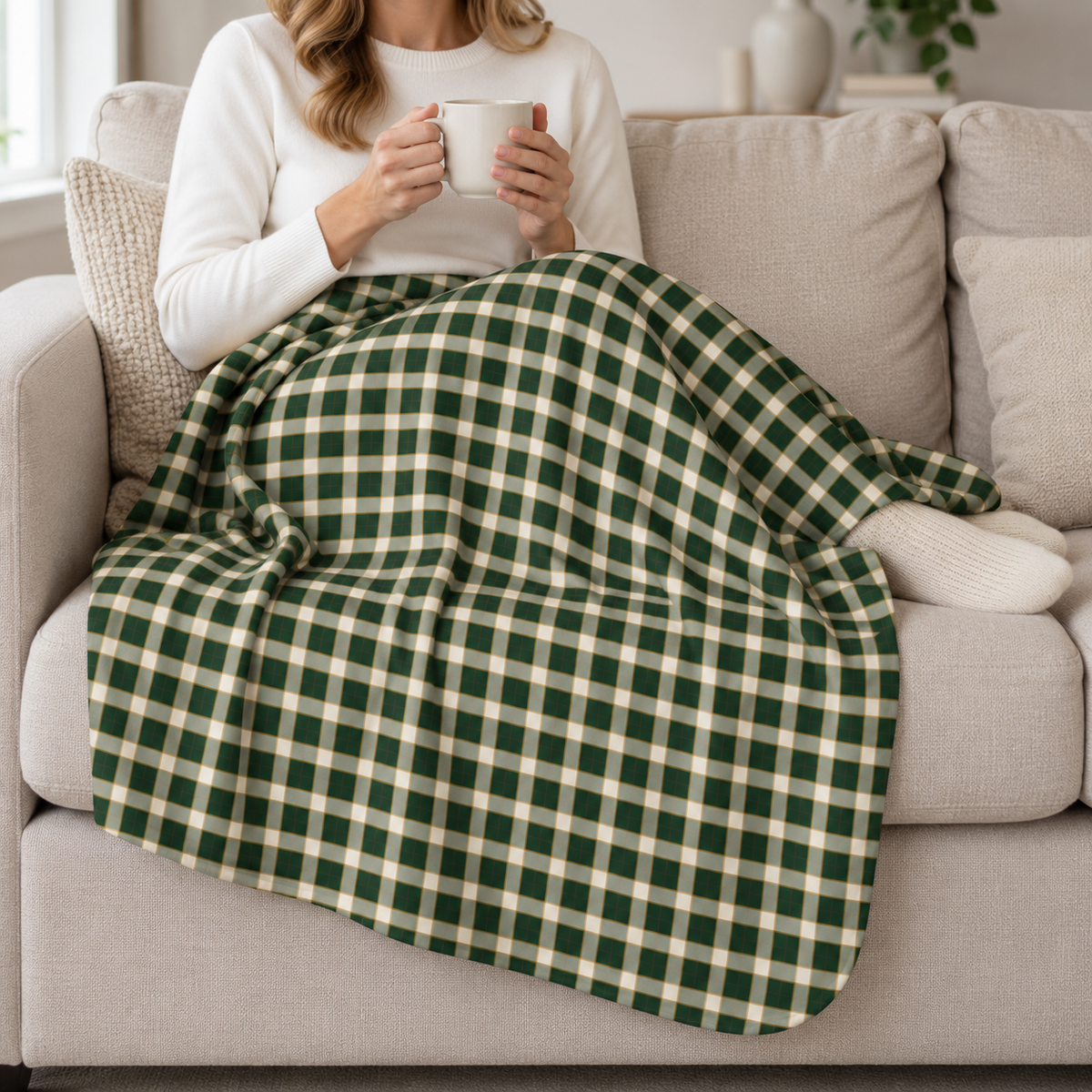 Person relaxing on a couch under the Green Plaid Sherpa Blanket