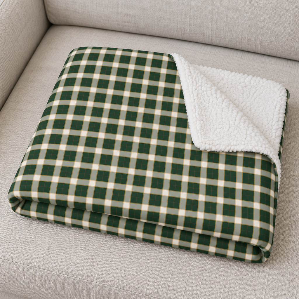 Close-up of the folded Green Plaid Sherpa Blanket showing the sherpa back