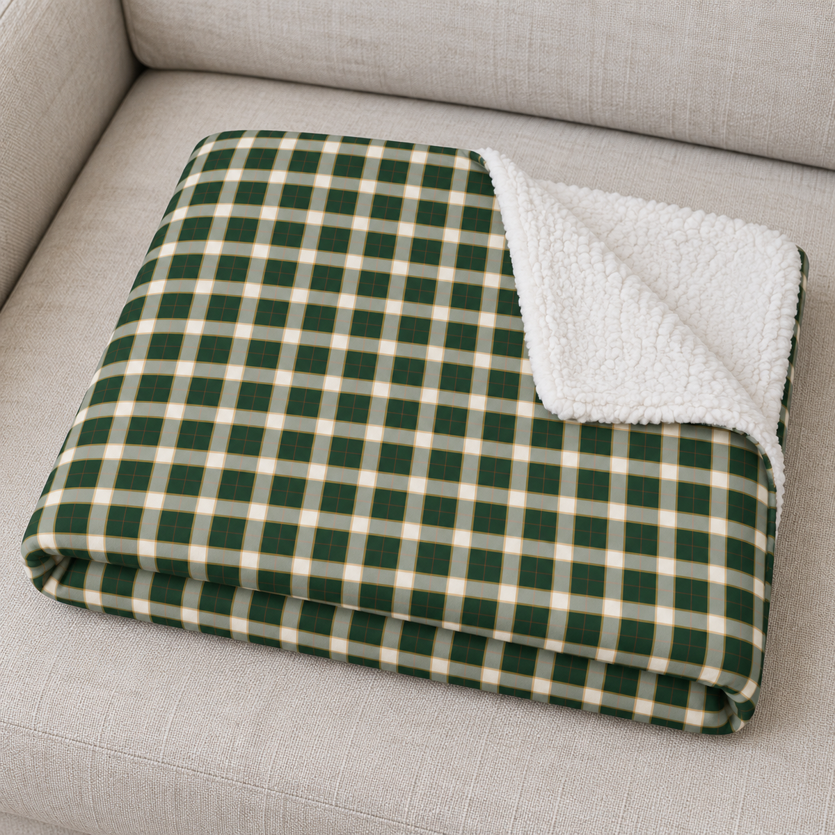 Close-up of the folded Green Plaid Sherpa Blanket showing the sherpa back