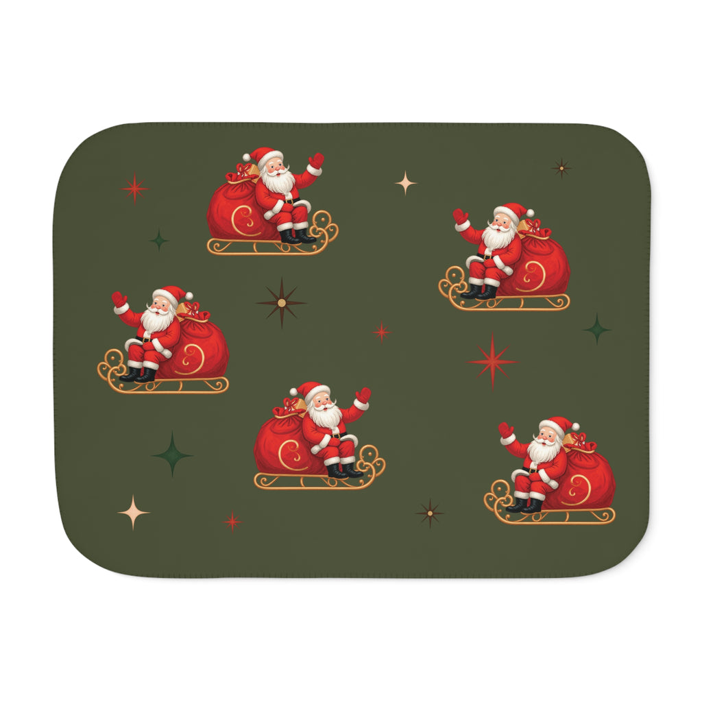 Green Retro Santa Christmas Sherpa Blanket laid flat, front view