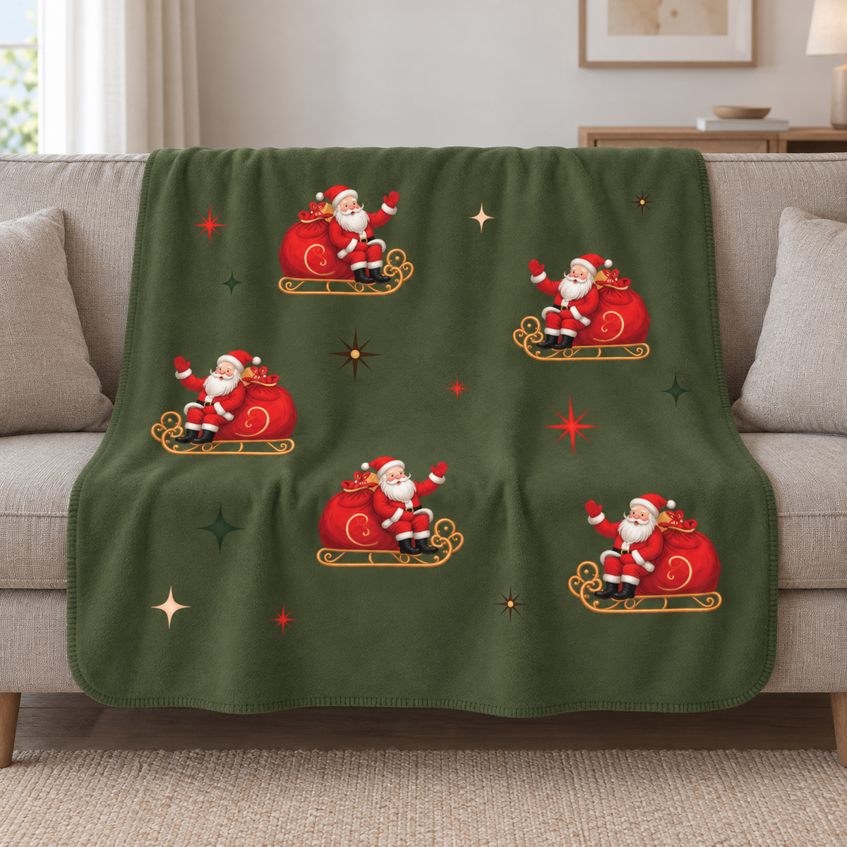 Green Retro Santa Christmas Sherpa Blanket draped over a cream sofa in a living room