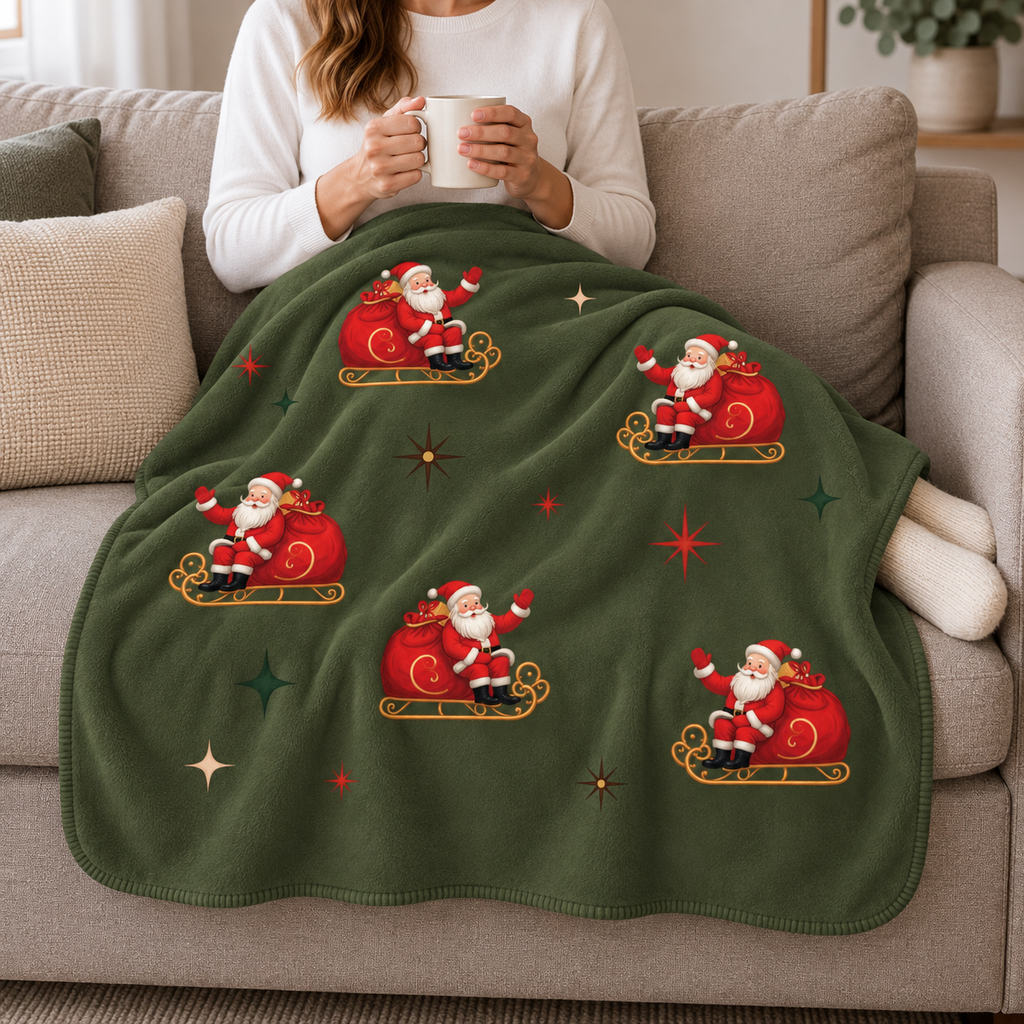 Person relaxing on a couch under the Green Retro Santa Christmas Sherpa Blanket