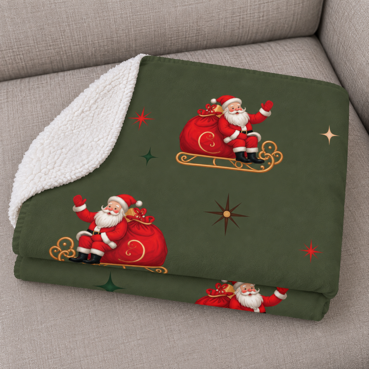 Close-up of the folded Green Retro Santa Christmas Sherpa Blanket showing the sherpa back