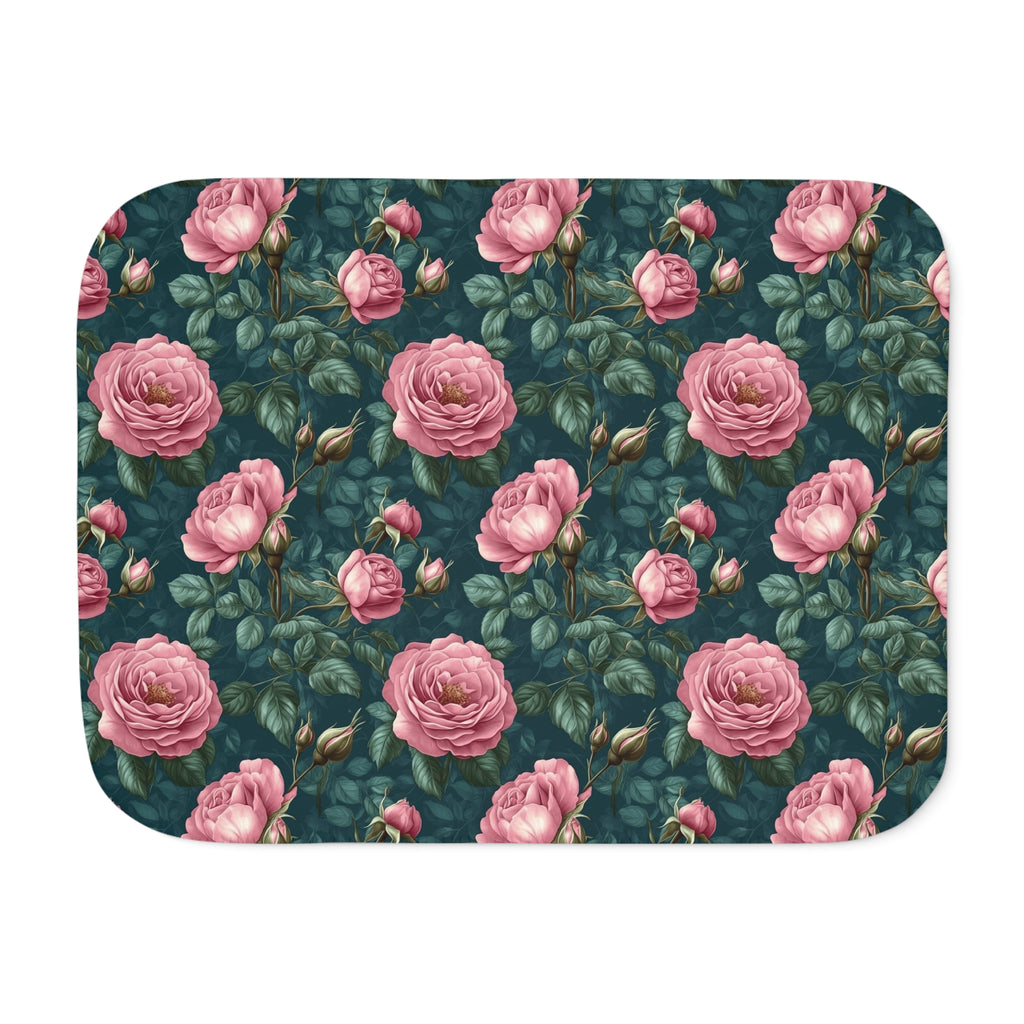 Green Rose Sherpa Blanket laid flat, front view
