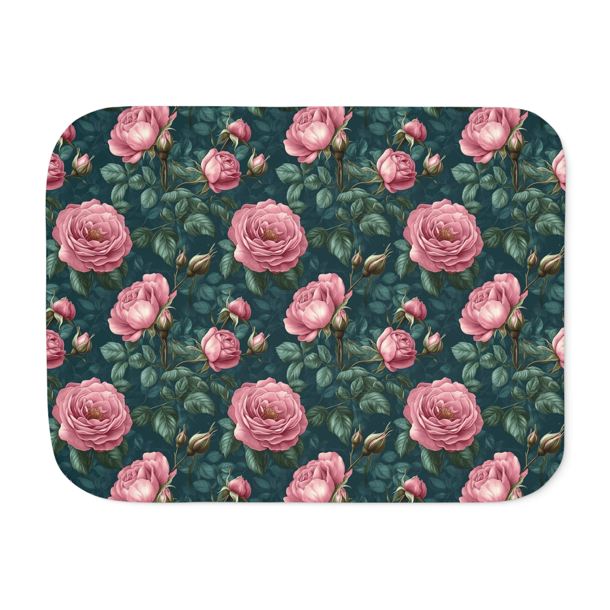 Green Rose Sherpa Blanket laid flat, front view