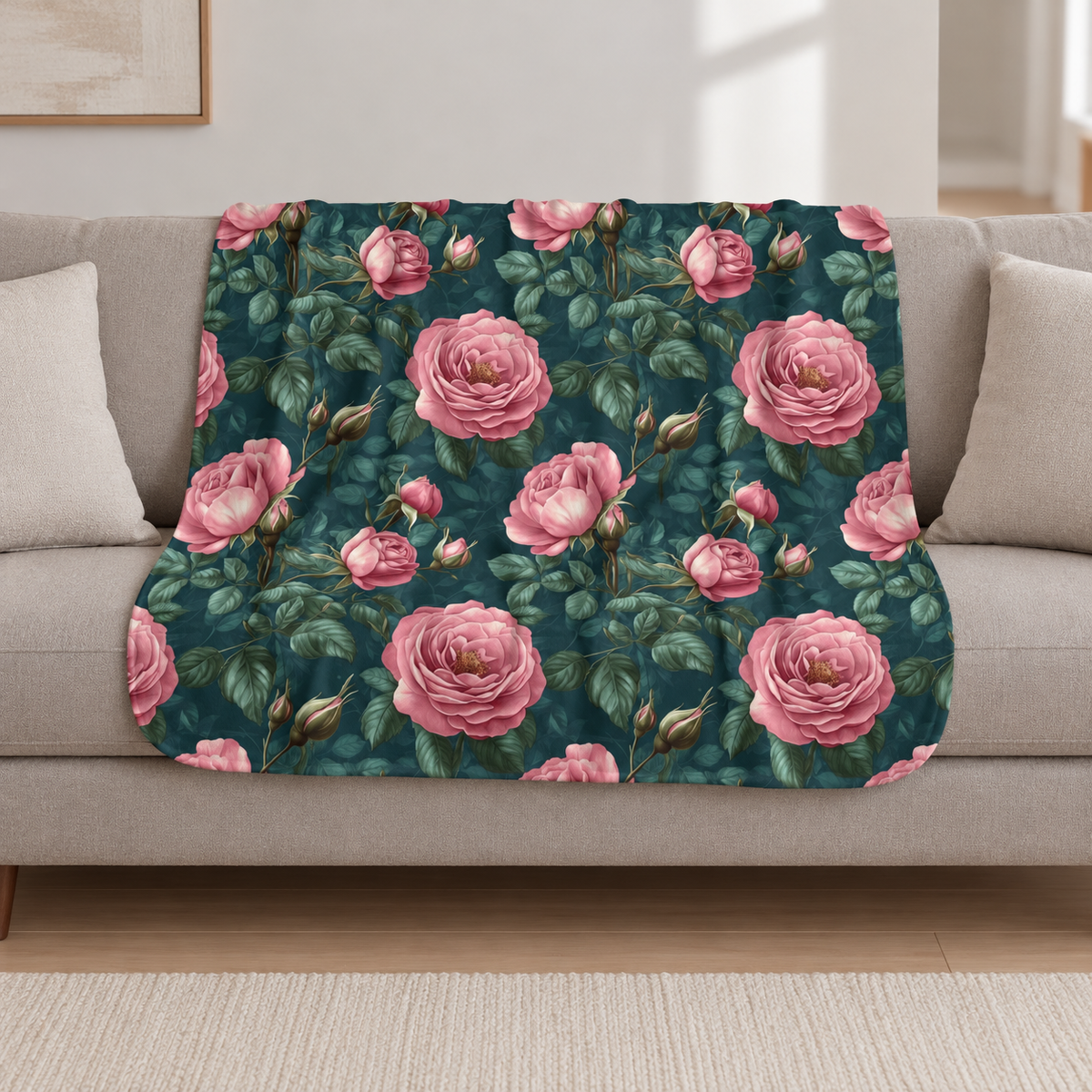 Green Rose Sherpa Blanket draped over a cream sofa in a living room