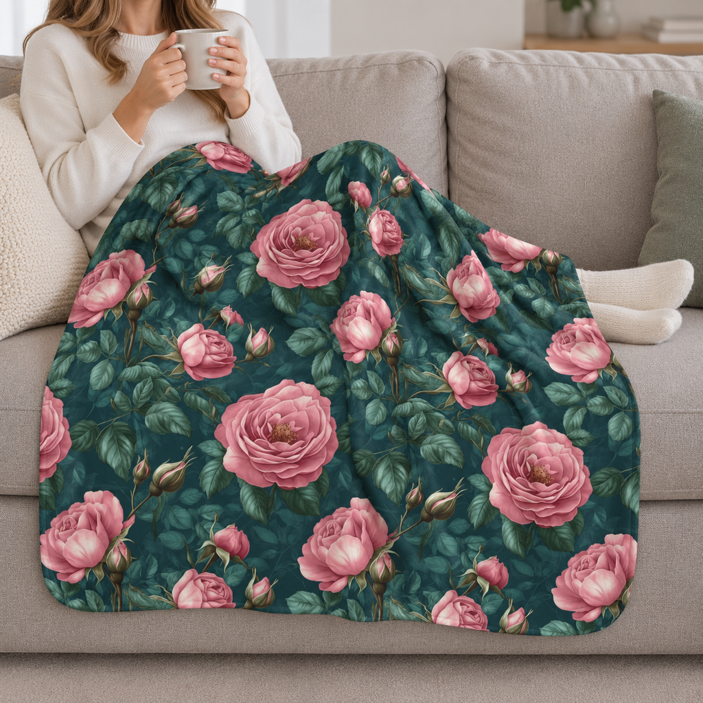 Person relaxing on a couch under the Green Rose Sherpa Blanket