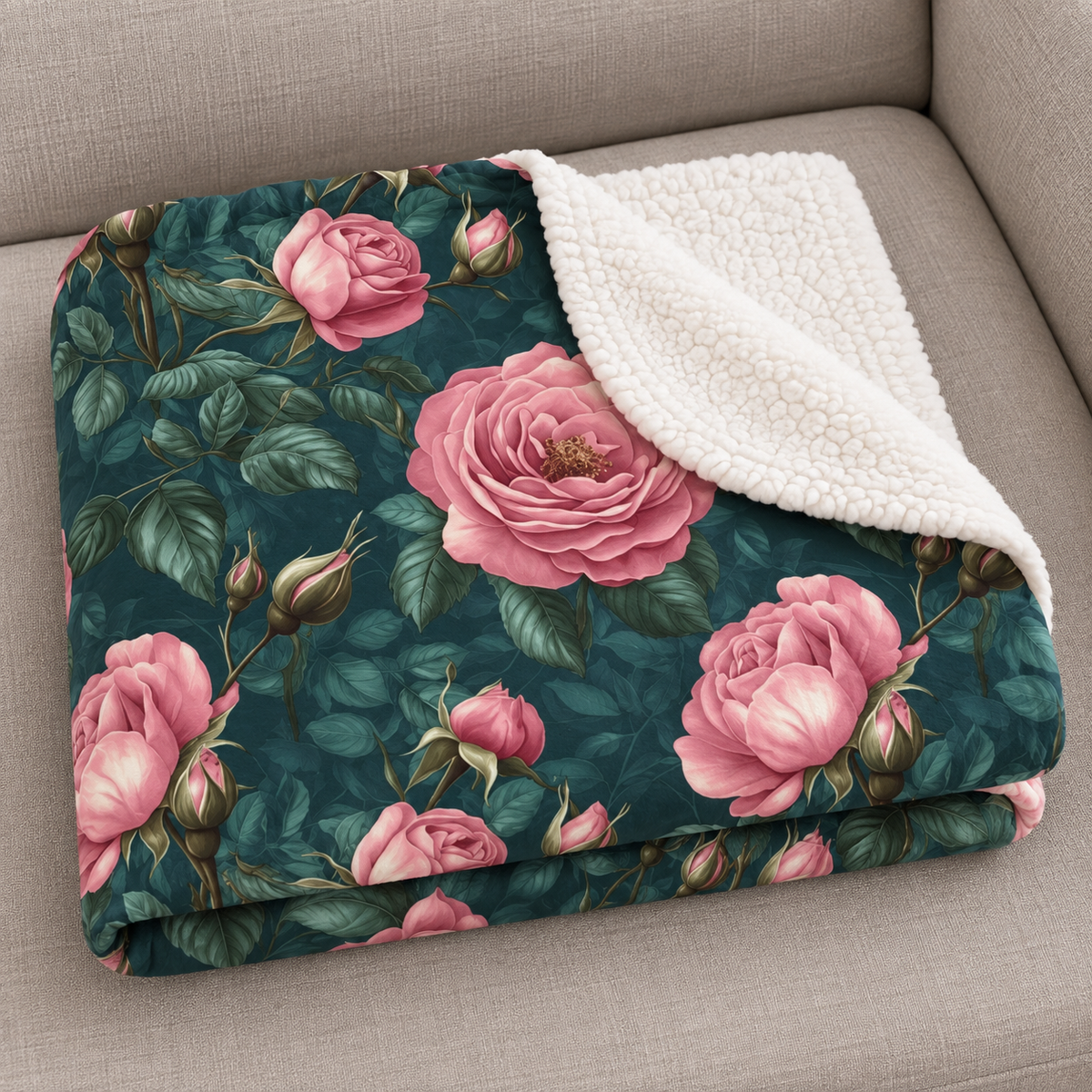 Close-up of the folded Green Rose Sherpa Blanket showing the sherpa back