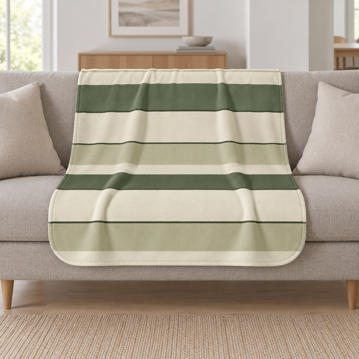 Green Striped Sherpa Blanket draped over a cream sofa in a living room