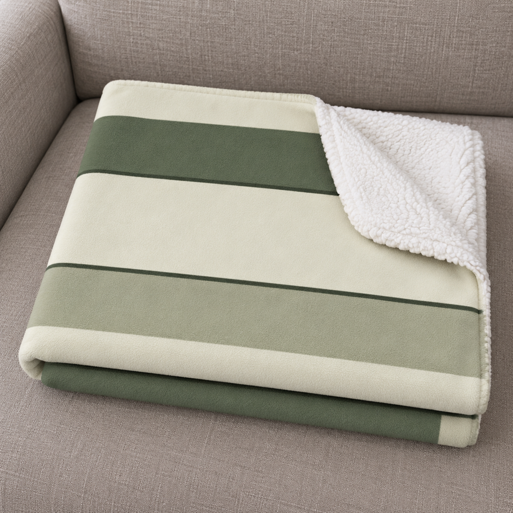 Close-up of the folded Green Striped Sherpa Blanket showing the sherpa back