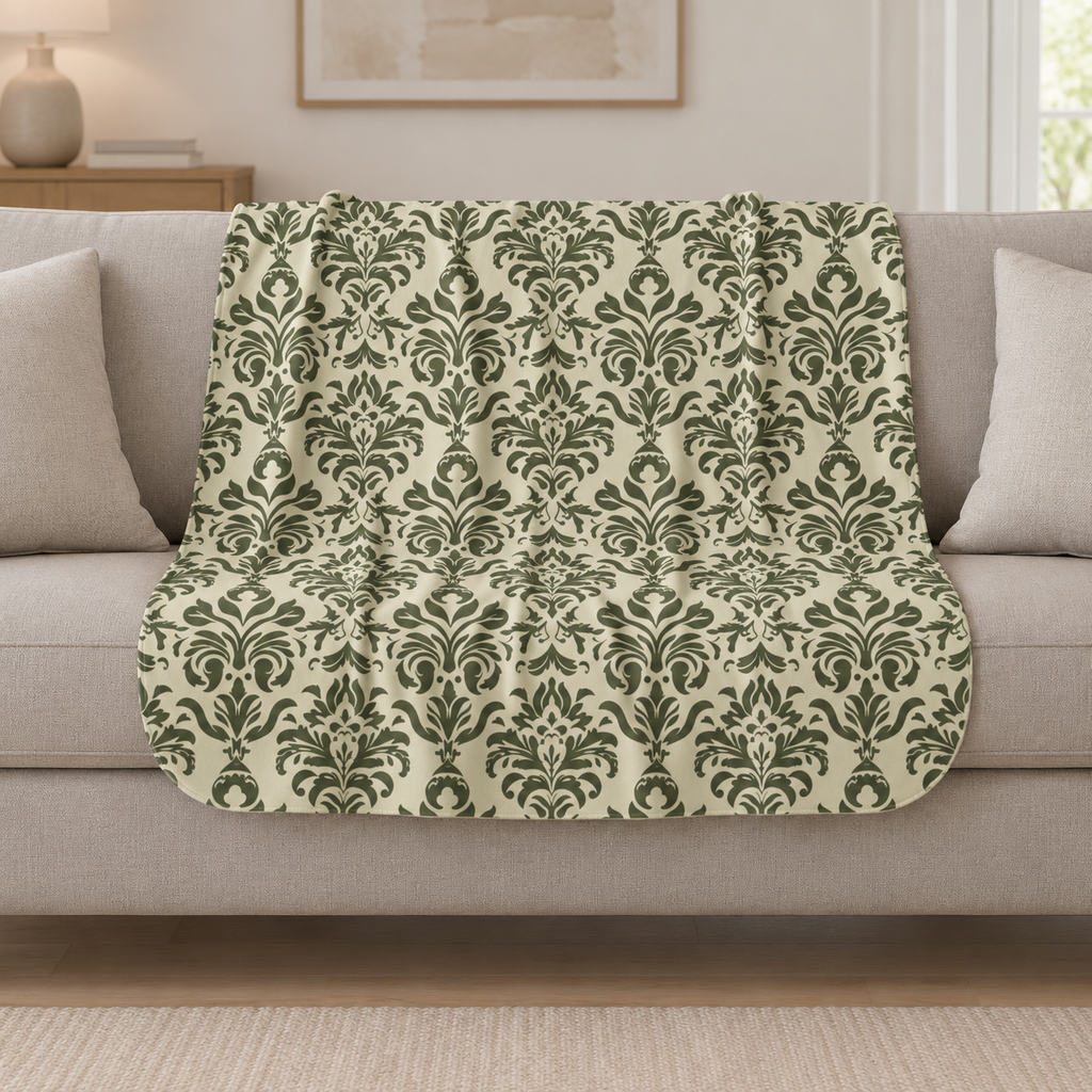 Green Tapestry Sherpa Blanket draped over a cream sofa in a living room