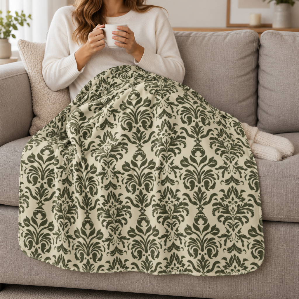 Person relaxing on a couch under the Green Tapestry Sherpa Blanket