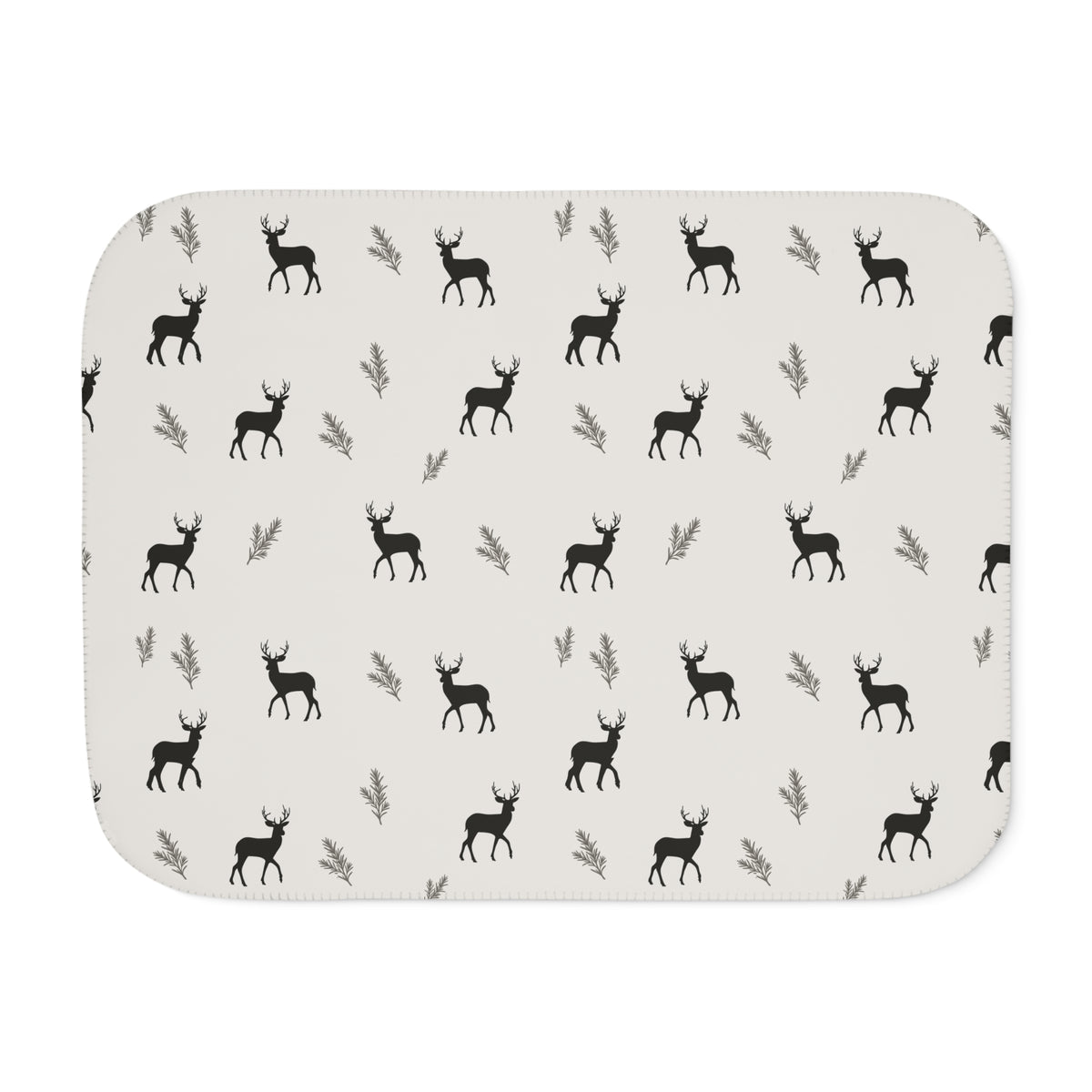 Grey deer print sherpa blanket laid flat, front view