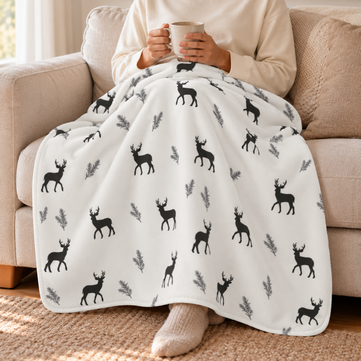 Person relaxing on a couch under the grey deer print sherpa blanket
