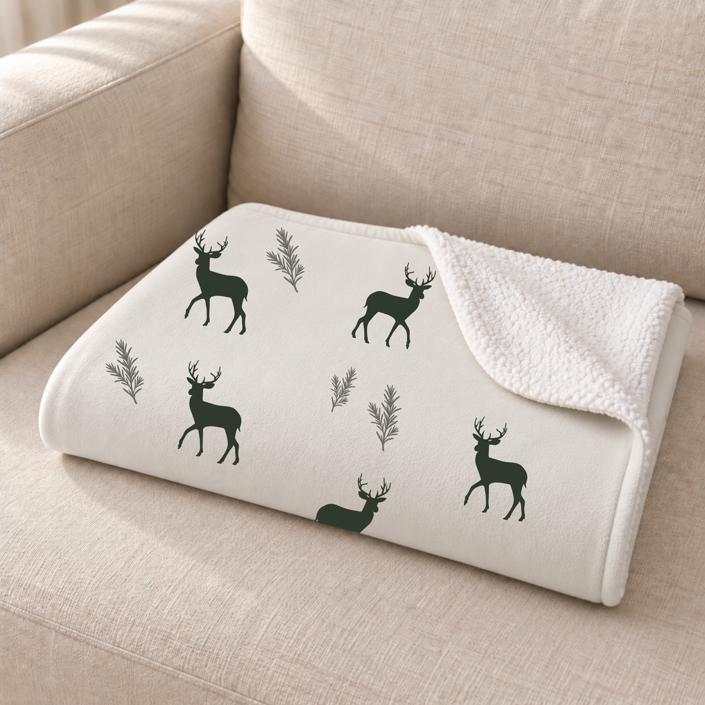 Close-up of the folded grey deer print sherpa blanket showing the sherpa back